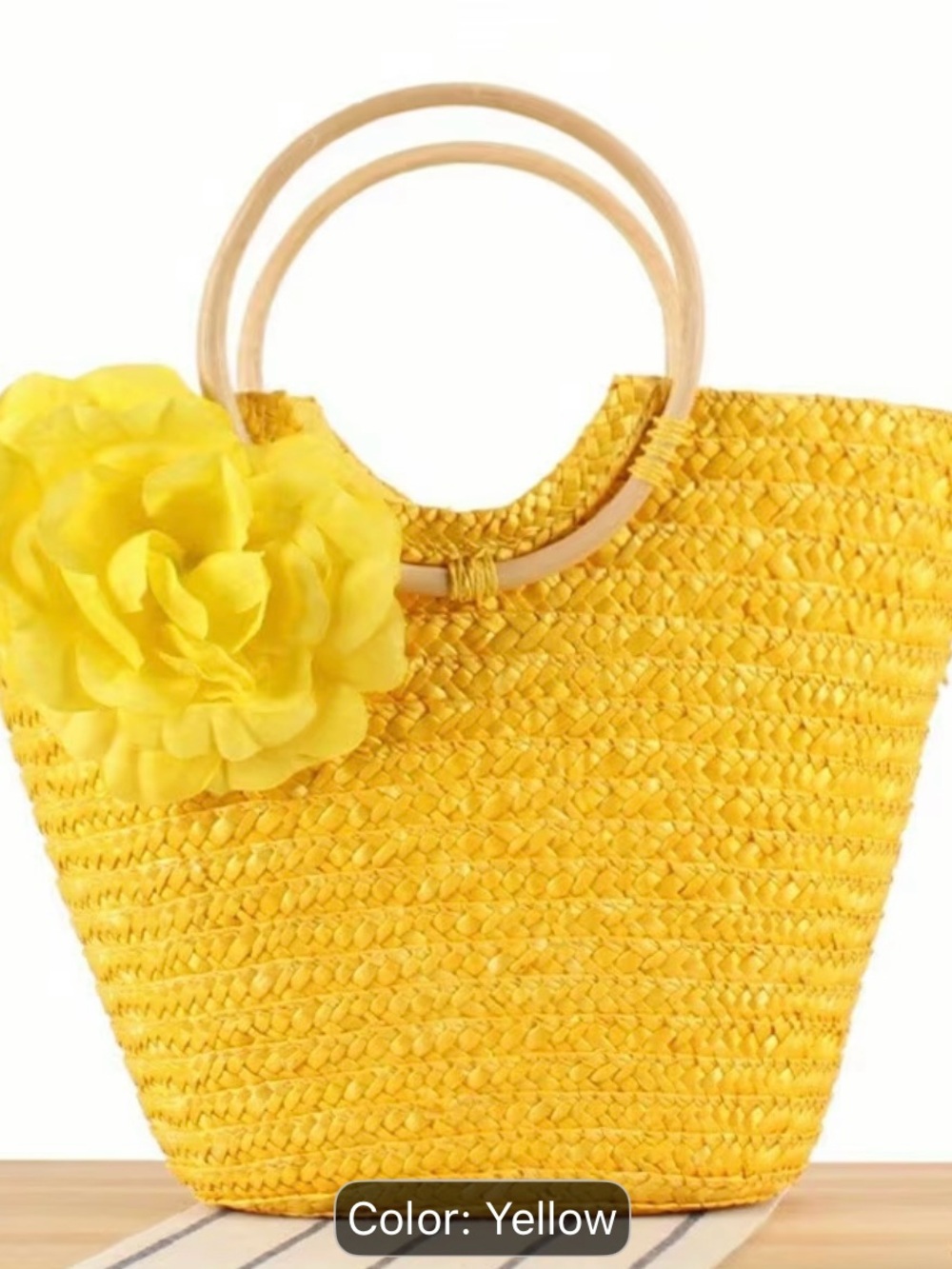 Yellow Straw Tote Bag with Flower Accent